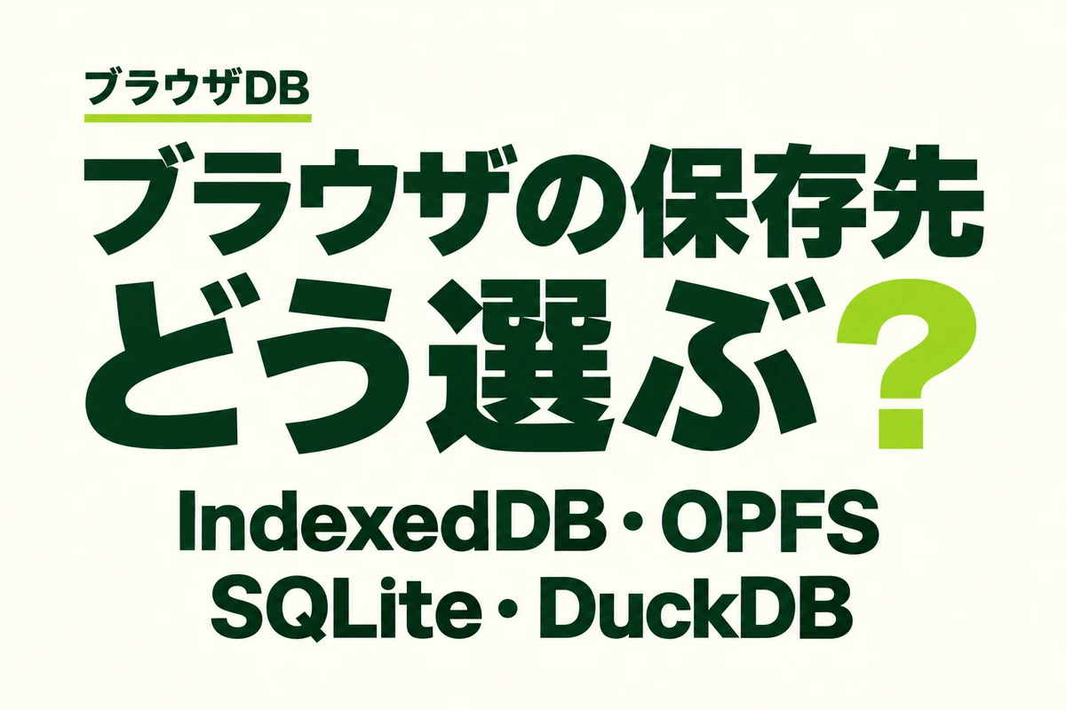 ブラウザの保存先、どう選ぶ？ IndexedDB・OPFS・SQLite・DuckDBの選び方を明るい背景に示したアイキャッチ