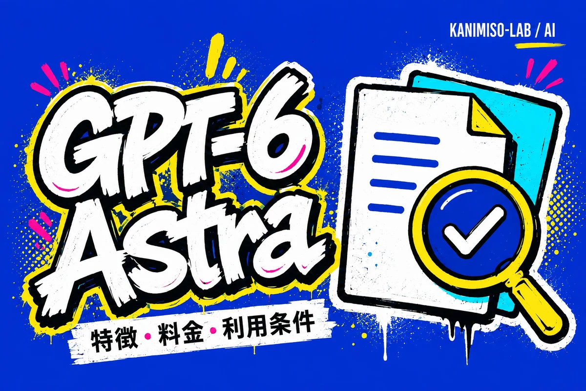 GPT-6 Astraの文字と書類・虫眼鏡を、鮮やかな青・黄色・ピンク・水色のグラフィティ調で描いたアイキャッチ
